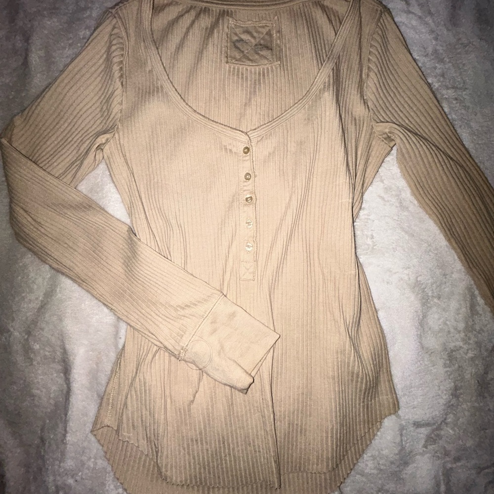 Aerie Ribbed Henley Top in Tan
